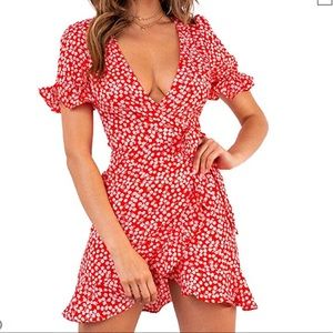 Deep V Red and White Floral Dress